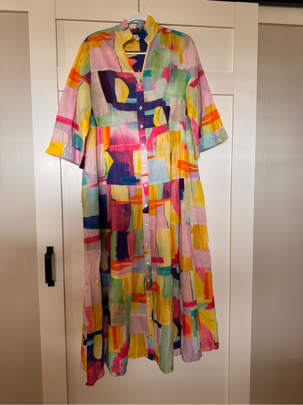 BE BoHo Abstract Multicolor Button-Front Maxi Dress in Pink, Yellow & Blue